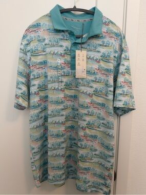 NWT Walter Hagen Aqua Scenic Print Polo with Teal Collar - Size XL